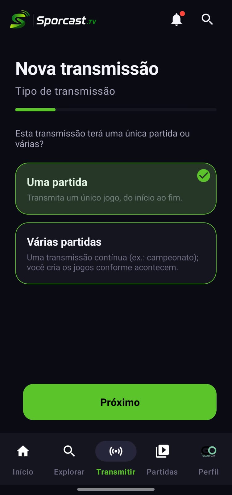 Comece a transmitir em poucos toques